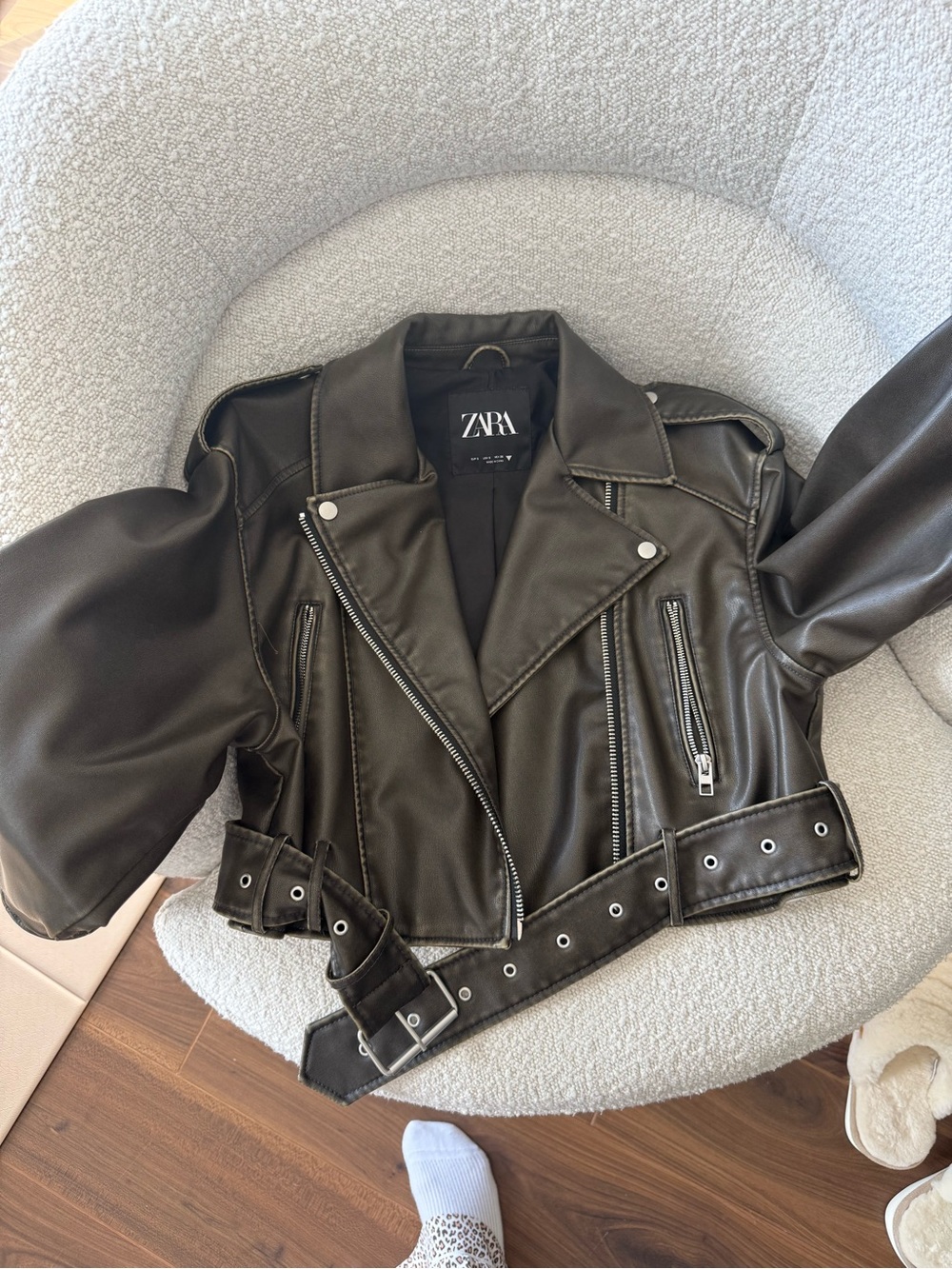 ZARA Black/Brown Faux Leather Biker Jacket - Cropped Belted Coat